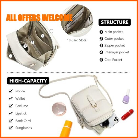 Vegan Leather Crossbody Bag with Card Slots, Adjustable Strap, Multi-Pocket - Picture 6 of 8